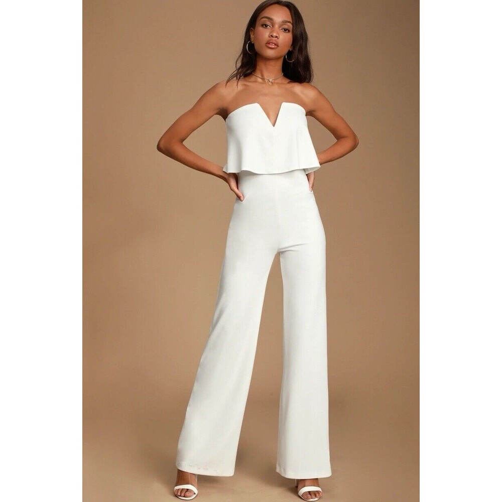 Lulus Jumpsuit M White Power of Love Strapless‎ Wide Leg Feminine Night Out